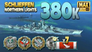 Battleship Schlieffen: 380k on map Northern Lights - World of Warships