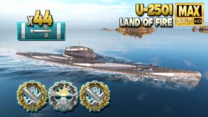 Submarine U-2501: 44 torpedo hits on map Land of Fire - World of Warships