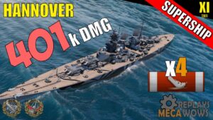Battleship Hannover 4 Kills & 401k Damage | World of Warships Gameplay
