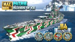 Battleship Patrie: Huge game on map Islands of Ice - World of Warships