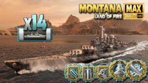 Battleship Montana: 14 citadelles on map Land of Fire - World of Warships